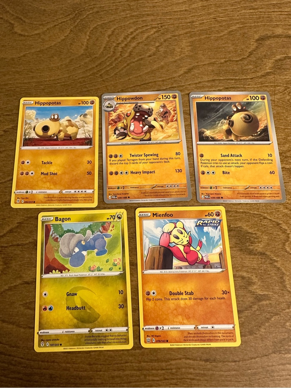 Lot of 5 Pokemon Cards Hippopotas, Hippowdon, Mienfoo and Bagon NM